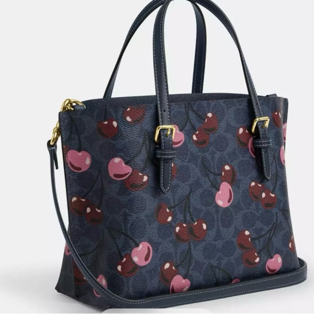 Coach Mollie Tote Bag 25 In Signature Canvas Blue With Cherry Print (CZ772) - Picture 4 of 5